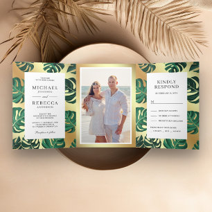 Green and Gold Tropical Monstera Leaves Wedding Tri-Fold Invitation