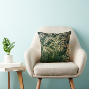 Green and Gold Tropical Palm Leaves Cushion