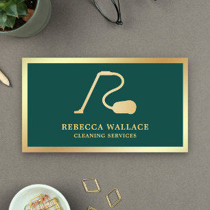 Green and Gold Vacuum Cleaner Cleaning Services Business Card