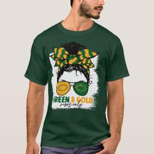 Green and Gold Vibes Only Mum Messy Hair Gameday T-Shirt