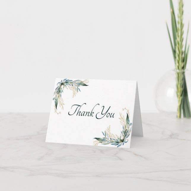 Green and gold watercolor Eucalyptus Thank You Car Card (Front)
