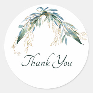 Green and gold watercolor Eucalyptus Thank You  Cl Classic Round Sticker