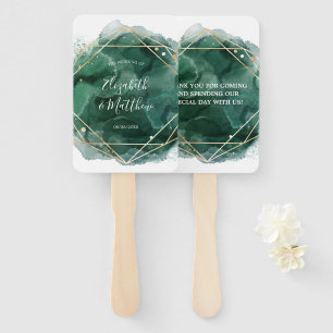 Green and Gold Watercolor Geometric Wedding Hand Fan