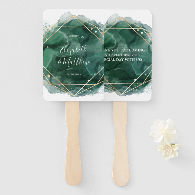 Green and Gold Watercolor Geometric Wedding Hand Fan (Front and Back)