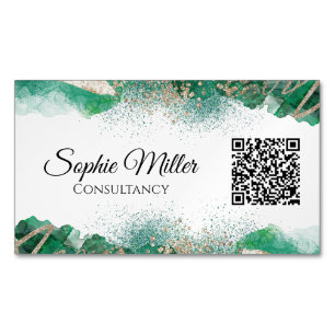Green And Gold Watercolour Custom Modern QR Code Magnetic Business Card