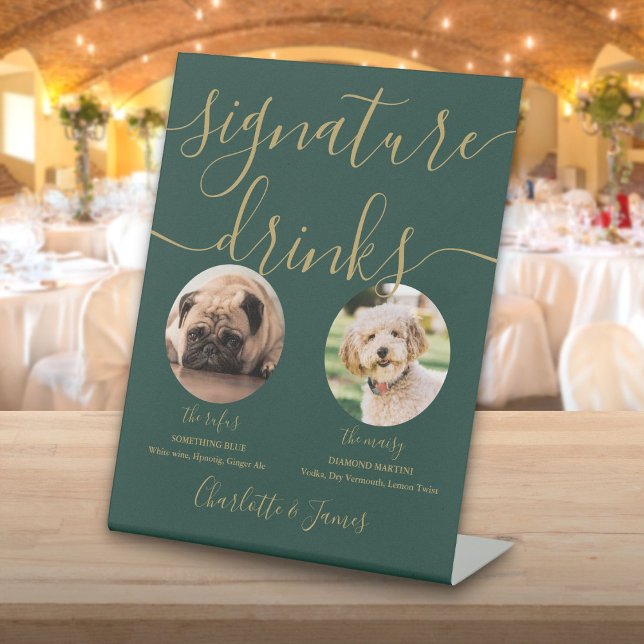 Green And Gold Wedding Pet Dog Signature Drinks Pedestal Sign (Green And Gold Wedding Pet Dog Signature Drinks Pedestal Sign)
