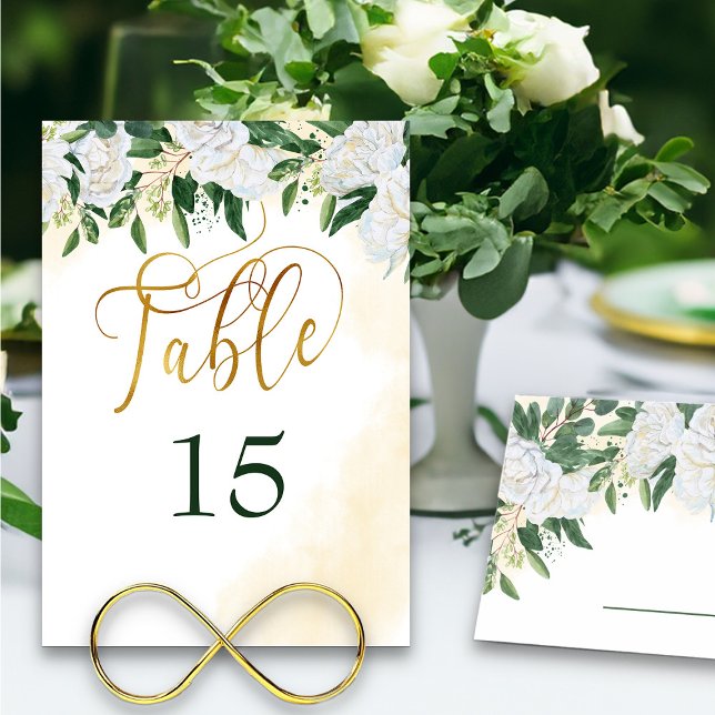 Green and Gold White Peony Rose Floral Table Number (Table number cards from my Emerald Greenery & White Peony collection)