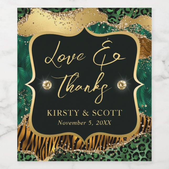 Green and Gold Wild Jungle Glitter Agate Wedding Wine Label (Single Label)