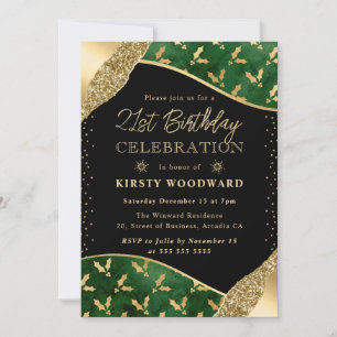 Green and Gold Winter Holly 21st Birthday Invitation