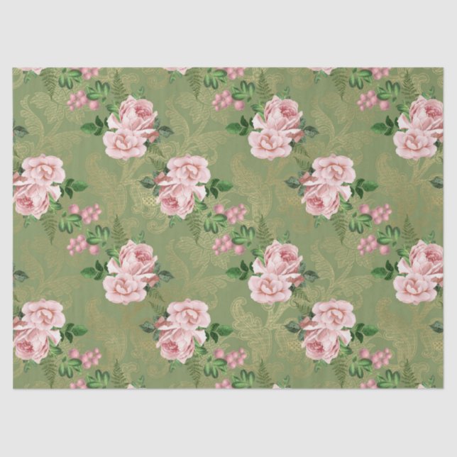 Green and Gold with Pink Roses Decoupage Tissue Paper (Front)
