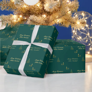 Green and Golden Christmas Bilingual Feliz Navidad Wrapping Paper