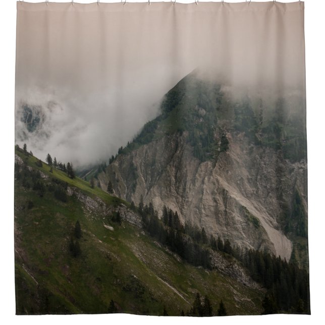 GREEN AND GRAY MOUNTAIN UNDER WHITE CLOUDS SHOWER CURTAIN (Front)