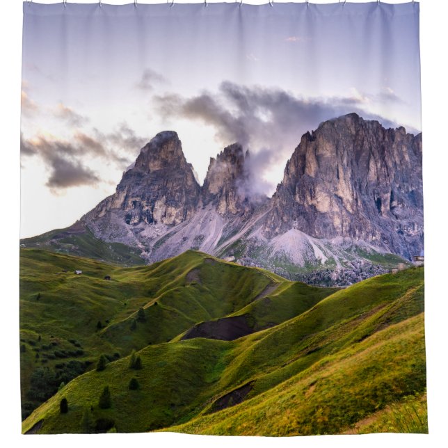 GREEN AND GRAY MOUNTAINS UNDER WHITE CLOUDS DURING SHOWER CURTAIN (Front)