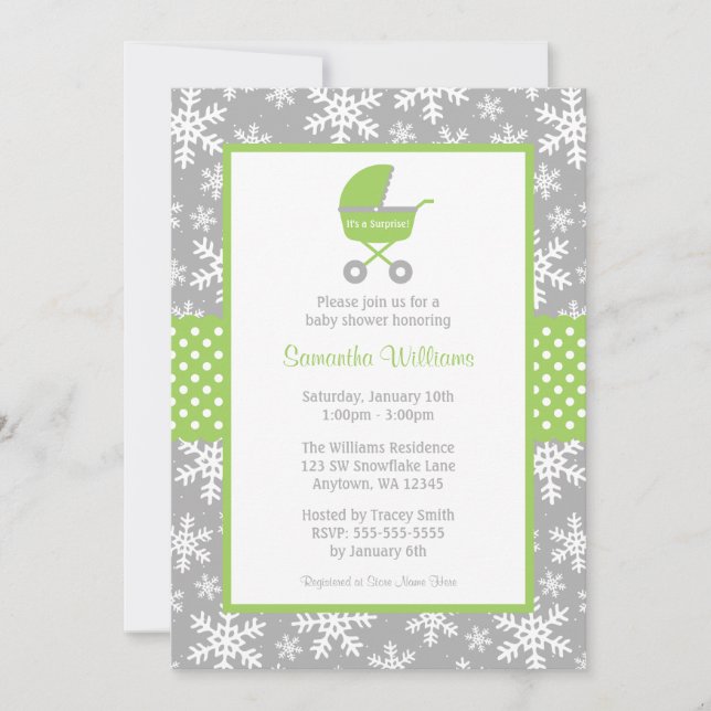 Green and Grey Carriage Snowflakes Baby Shower Invitation (Front)