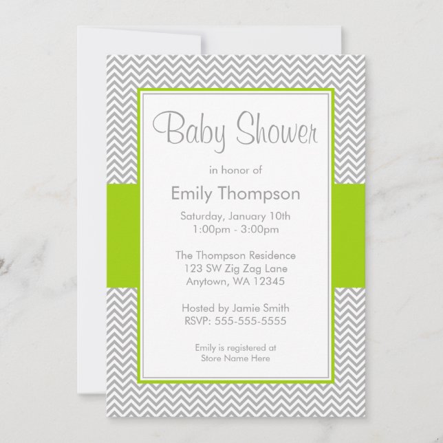 Green and Grey Chevron Baby Shower Invitations (Front)