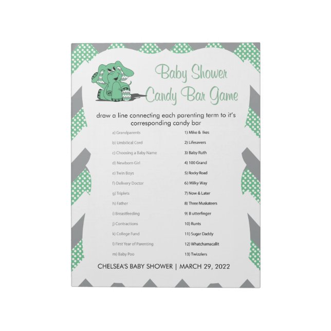 Green and Grey Chevron Elephant Baby Shower Game 2 Notepad (Rotated)