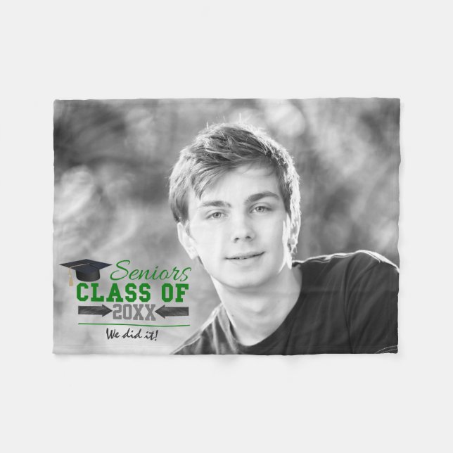 Green and  Grey Graduation Gear Fleece Blanket (Front (Horizontal))
