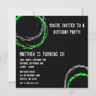 Green and Grey Grunge Circles Boy Birthday Party Invitation