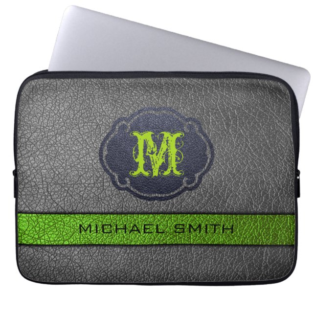 Green and Grey Leather Custom Monogram Laptop Sleeve (Front)