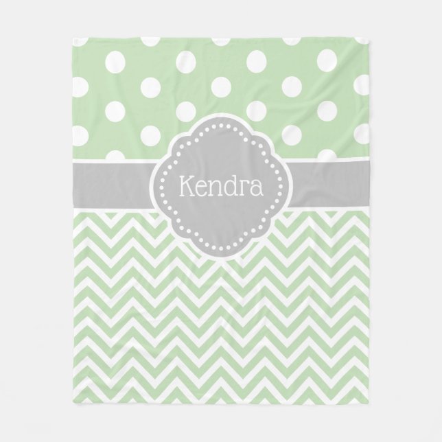 Green and Grey Polka Dot Chevron Monogram Fleece Blanket (Front)