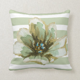 Green and Grey Striped Watercolor Floral Pillow