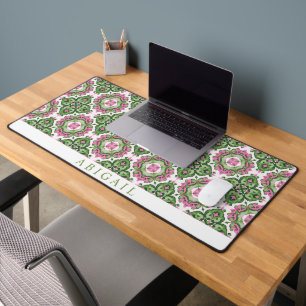 Green and hot pink Mediterranean tile pattern Desk Mat
