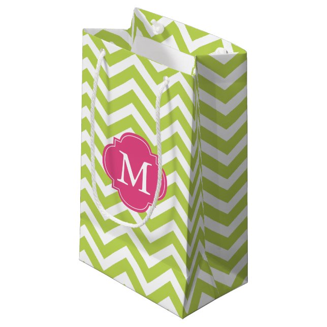 Green and Hot Pink Zigzag Pattern Monogram Small Gift Bag (Front Angled)