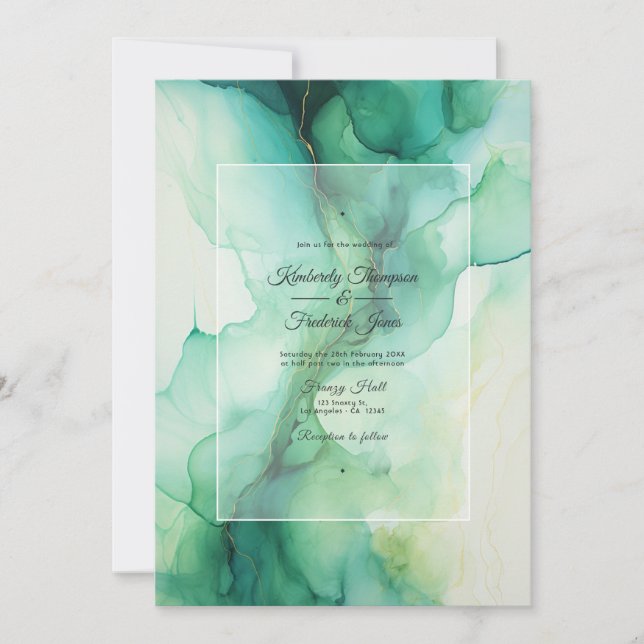 Green and Ivory Alcohol Ink Wedding Invitation (Front)