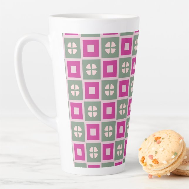 Green and Magenta Boxed Floral Bloom Latte Mug (In Situ)