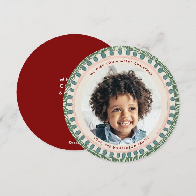 Green and Maroon Watercolor Fringe Photo Circle Holiday Card (Front/Back)