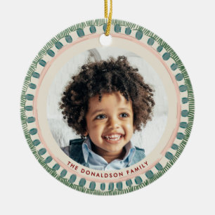 Green and Maroon Watercolor Happy Fringe Photo Ceramic Tree Decoration