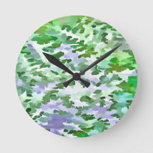 Green and Mauve Camouflage Pattern Round Clock