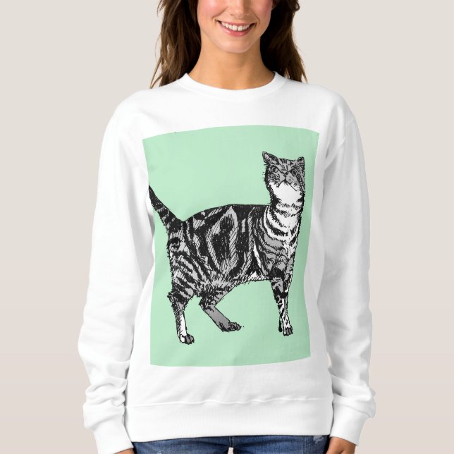 Green and mint Tabby Cat cat art Long Sleeve Top (Front)