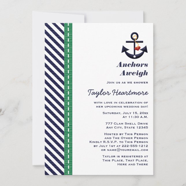 Green and Navy Blue Anchor Bridal Shower Invites (Front)