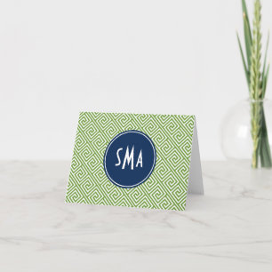 Green and Navy Blue Greek Key Pattern Monogram Note Card