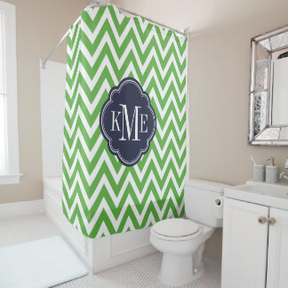 Green and Navy Chevron Monogram Shower Curtain