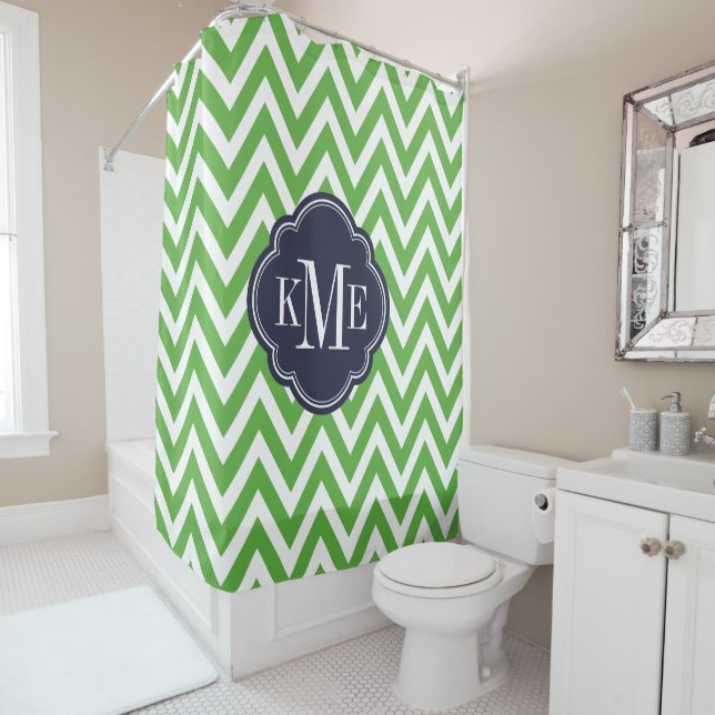 Green and Navy Chevron Monogram Shower Curtain (In Situ)