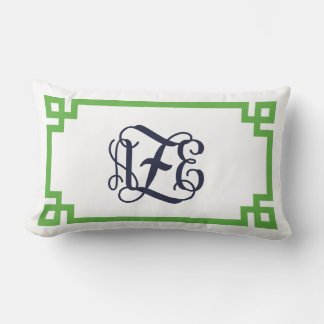 Green and Navy Greek Key Script Monogram AZE Lumbar Cushion