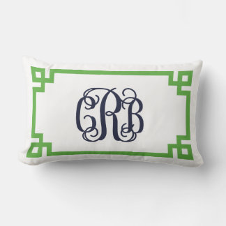 Green and Navy Greek Key Script Monogram CRB Lumbar Cushion