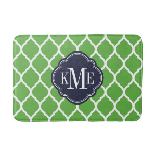 Green and Navy Moroccan Quatrefoil Monogram Bath Mat