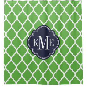 Green and Navy Moroccan Quatrefoil Monogram Shower Curtain