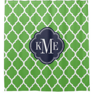 Green and Navy Moroccan Quatrefoil Monogram Shower Curtain