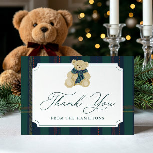 Green and Navy Plaid Teddy Bear Baby Shower Thank You Card