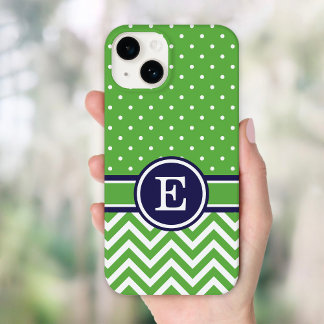 Green and Navy Preppy Chevron Dots Monogram Case-Mate iPhone 14 Case