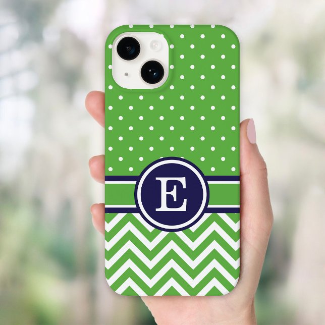 Green and Navy Preppy Chevron Dots Monogram Case-Mate iPhone Case (Creator Uploaded)
