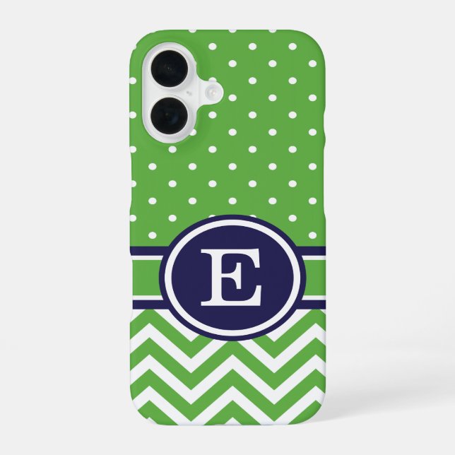 Green and Navy Preppy Chevron Dots Monogram iPhone 16 Case (Back)