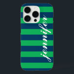 Green and Navy Stripes Custom Script Monogram Name iPhone 16 Pro Case<br><div class="desc">Dress up and protect your iphone with a preppy,  modern and bold striped pattern design that is custom monogrammed with your first name in a lowercase script font.  Dark navy / indigo blue and kelly green horizontal stripes contrasted with white text.</div>