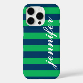 Green and Navy Stripes Custom Script Monogram Name iPhone 16 Pro Case