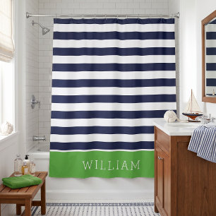 Green and Navy Stripes Monogram Shower Curtain