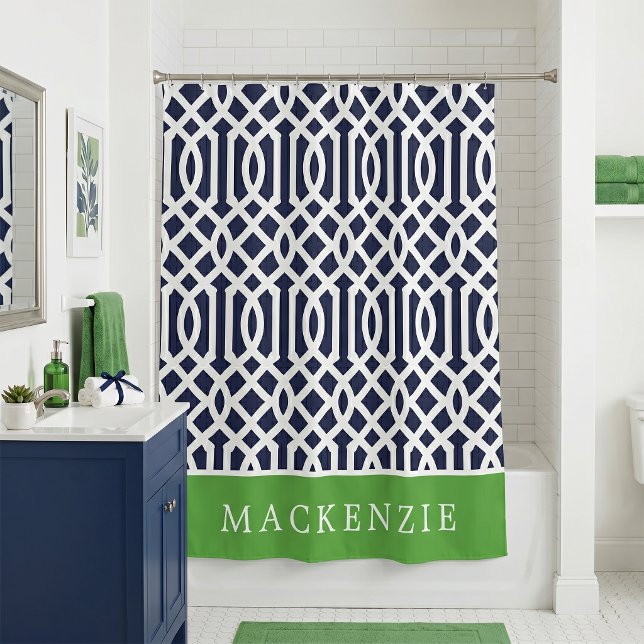 Green and Navy Trellis Monogram Shower Curtain (Creator Uploaded)